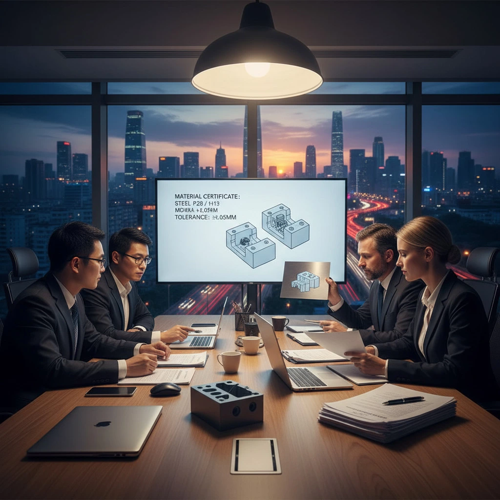 A high-precision plastic mold being measured with calipers