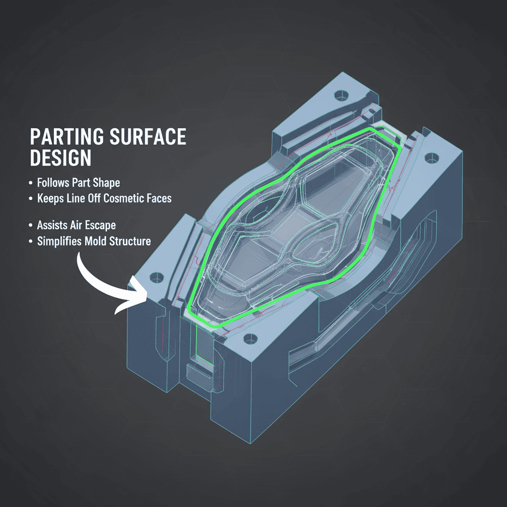 A 3D CAD model showing a complex, non-planar parting surface on an injection mold