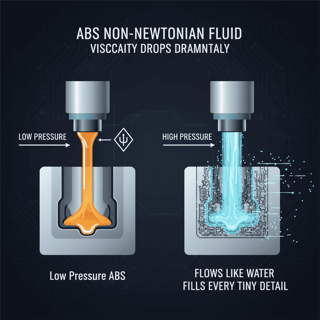 An animation showing plastic flowing easily into a complex injection mold.