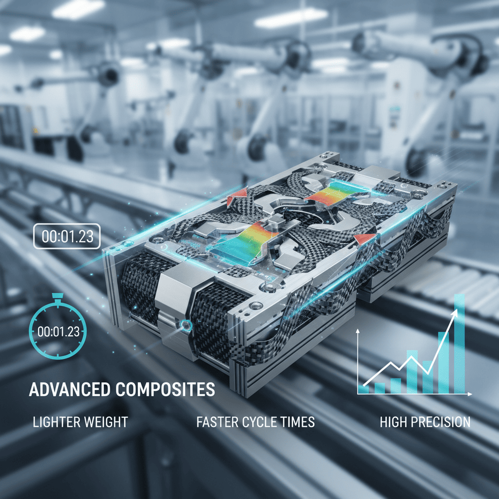A sleek carbon fiber mold insert being fitted into a larger steel mold base