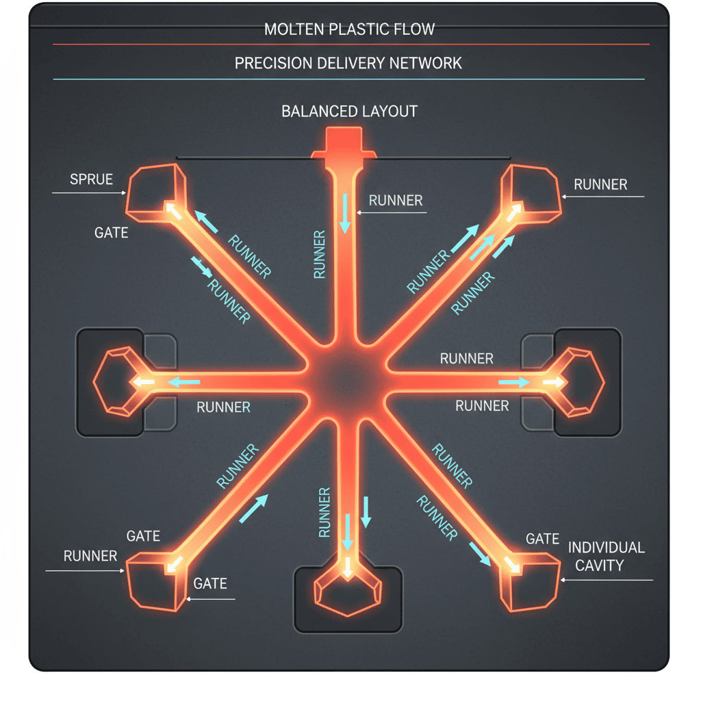 Close-up of a multi-cavity mold showing the balanced runner layout.
