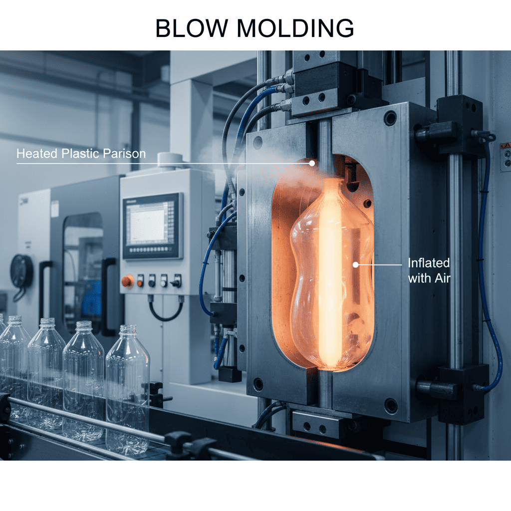 Plastic bottles being produced by a blow molding machine