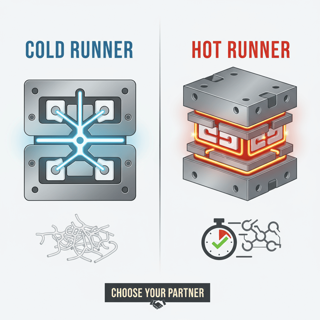 A comparison image showing a cold runner sprue and a hot runner manifold.