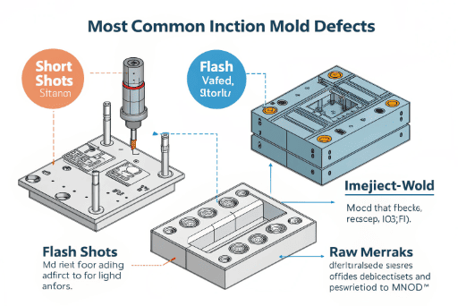 A collection of plastic parts showing common injection mold defects