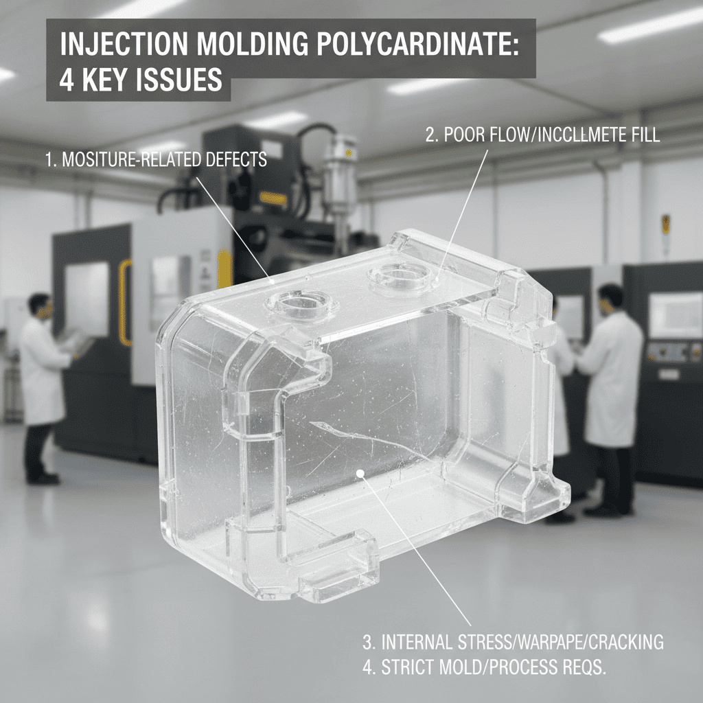 A close-up of a polycarbonate part showing silver streak defects