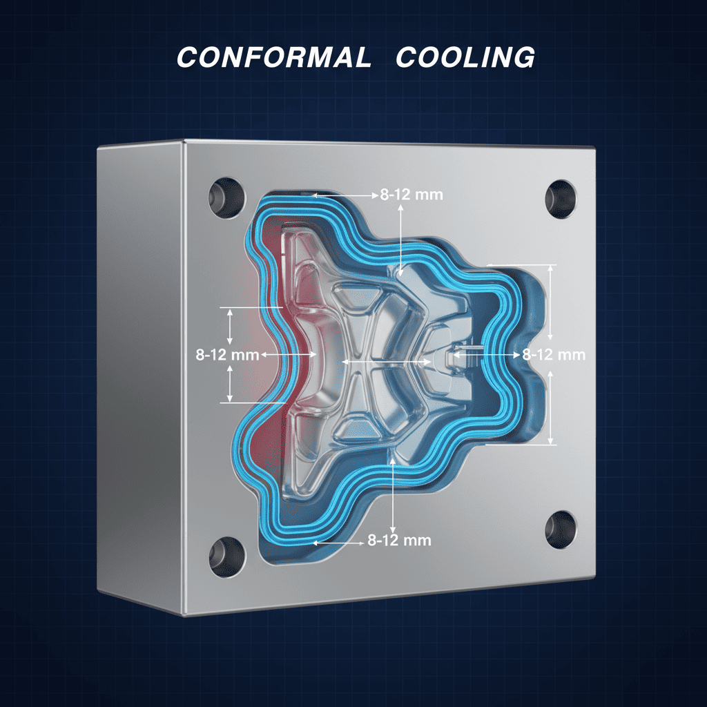 Diagram showing conformal cooling channels following the product shape
