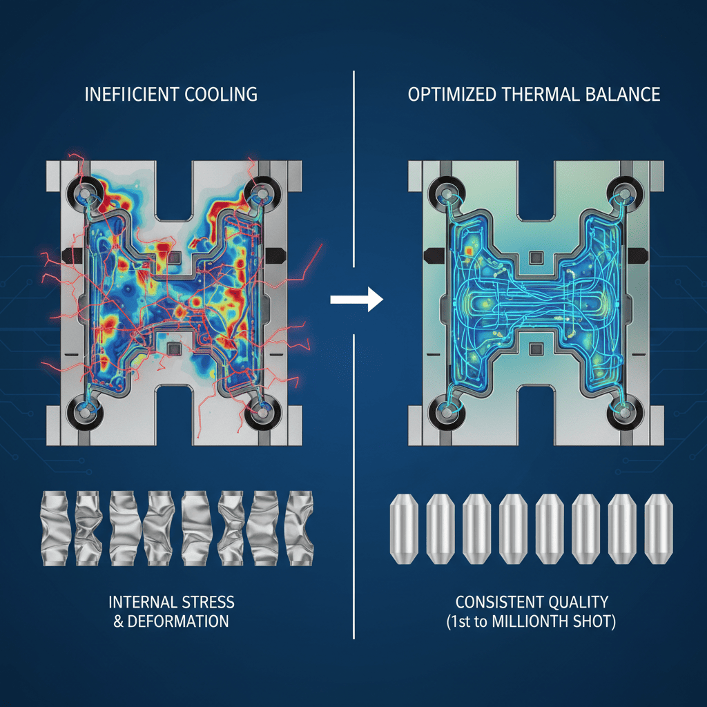 Diagram showing conformal cooling channels versus traditional cooling lines
