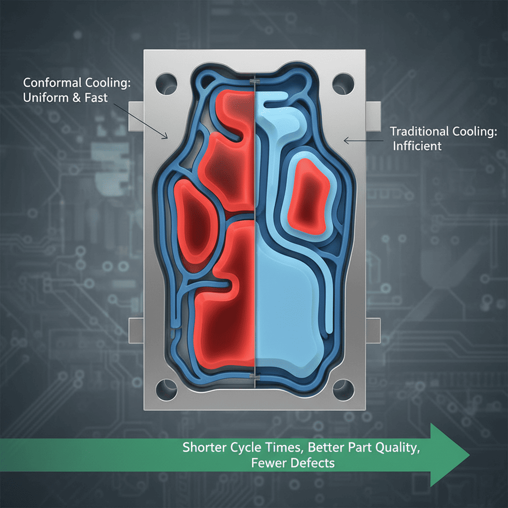 Diagram comparing traditional and conformal cooling channels