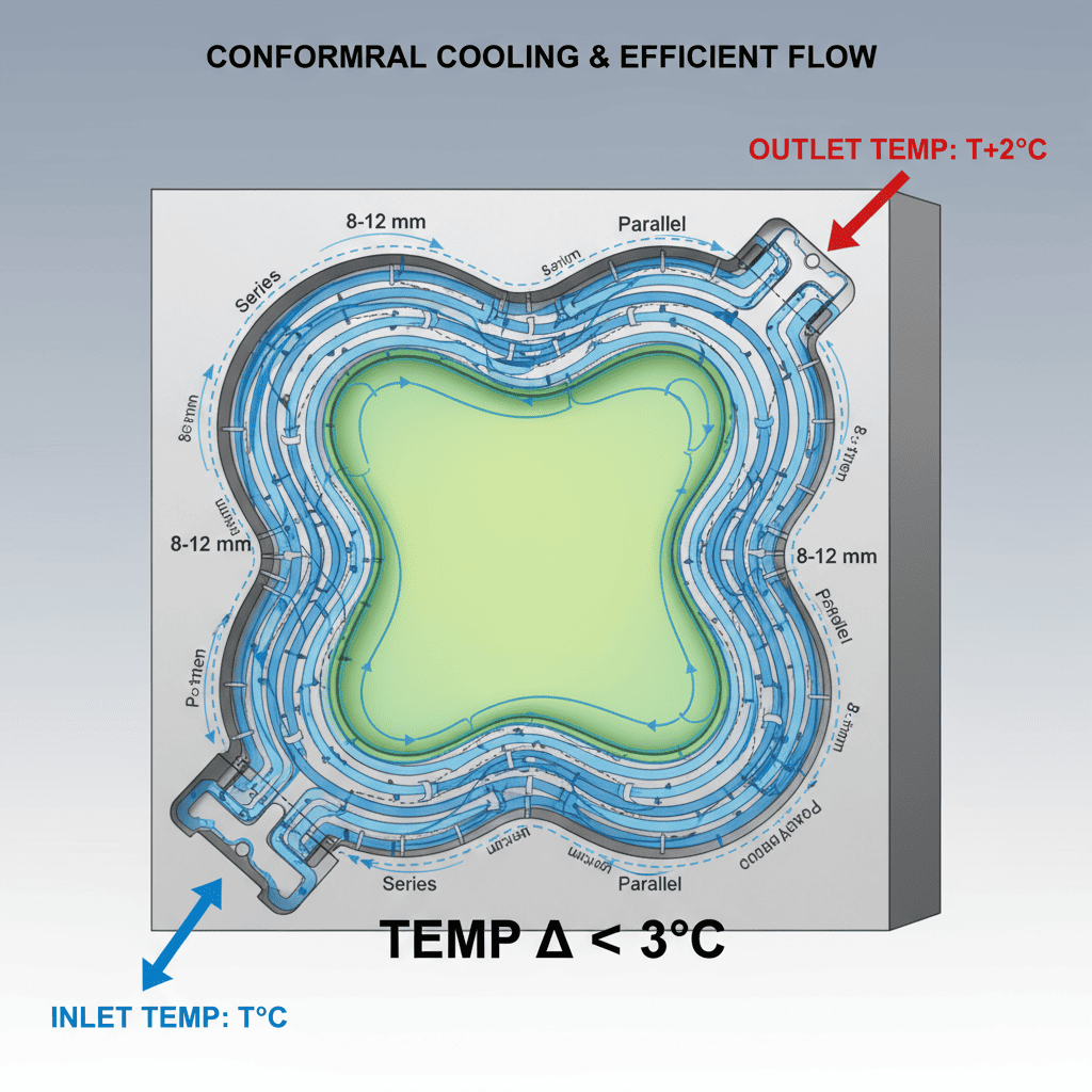 A diagram showing a combination of series and parallel cooling circuits in a mold