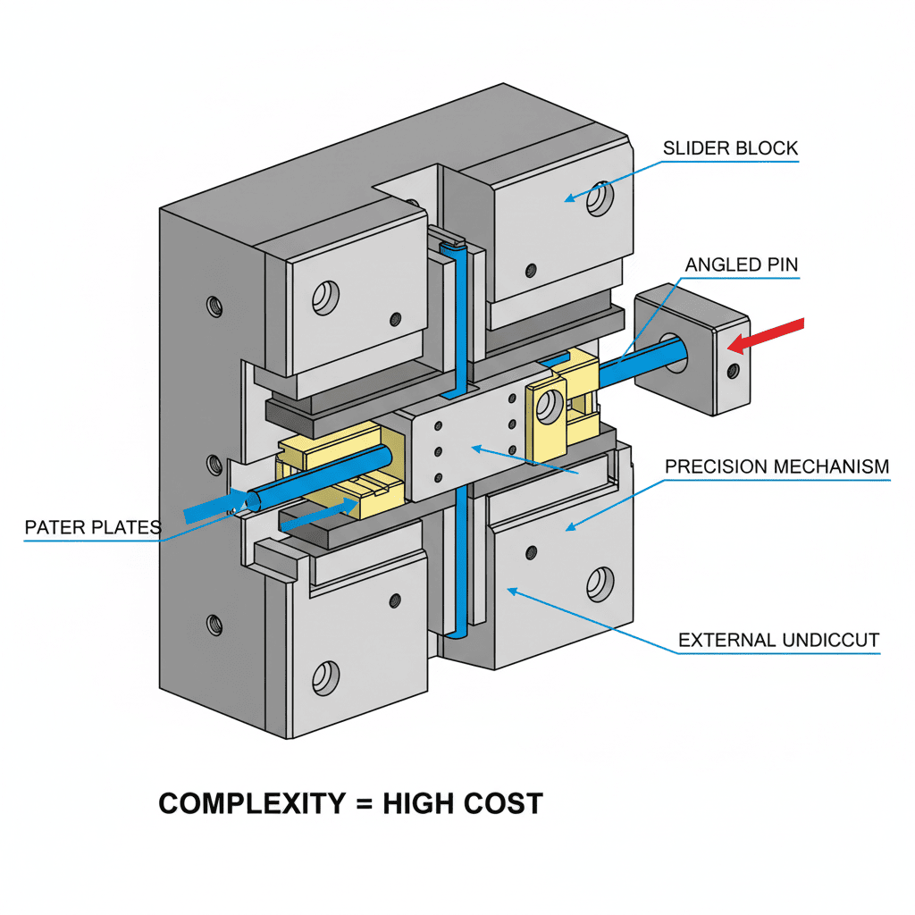 A complex injection mold base showing multiple sliders