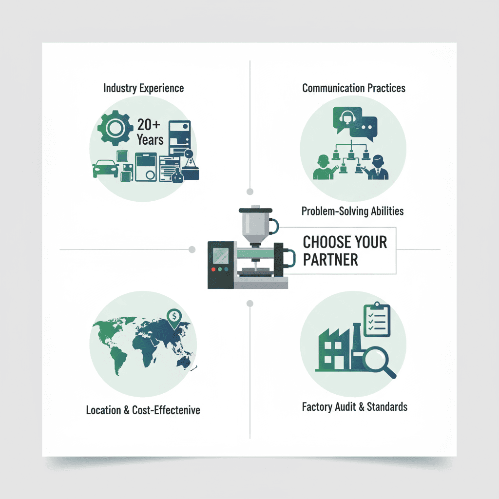A close-up of a high-quality custom plastic injection mold in a factory setting