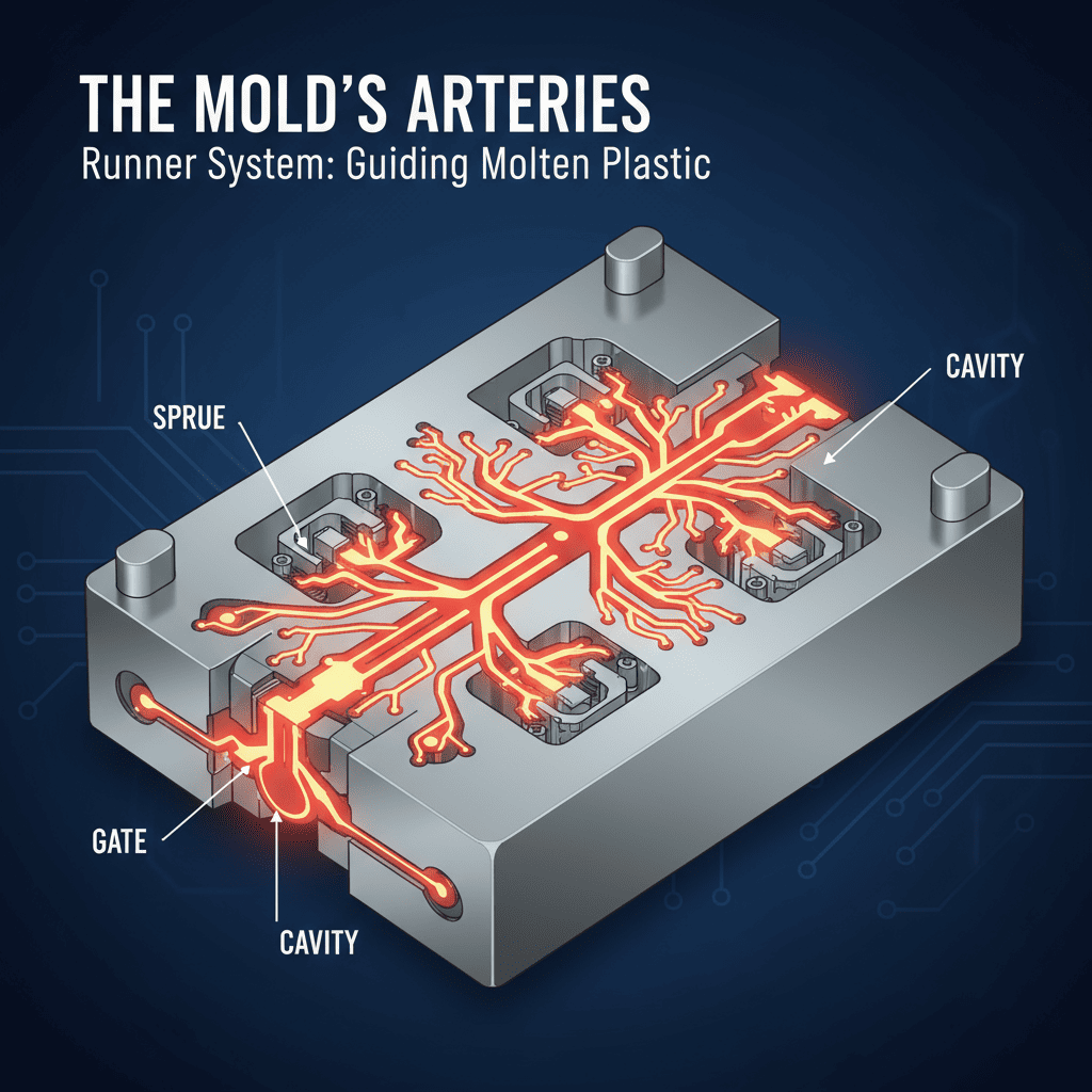 A diagram showing the runner system inside an injection mold.