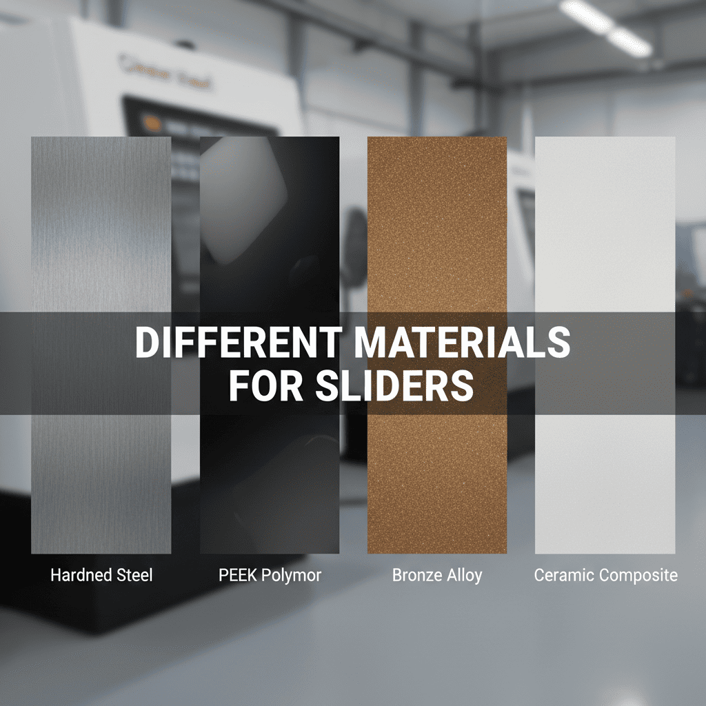 Different slider materials, like hardened steel, beryllium copper, and one with a PTFE coating