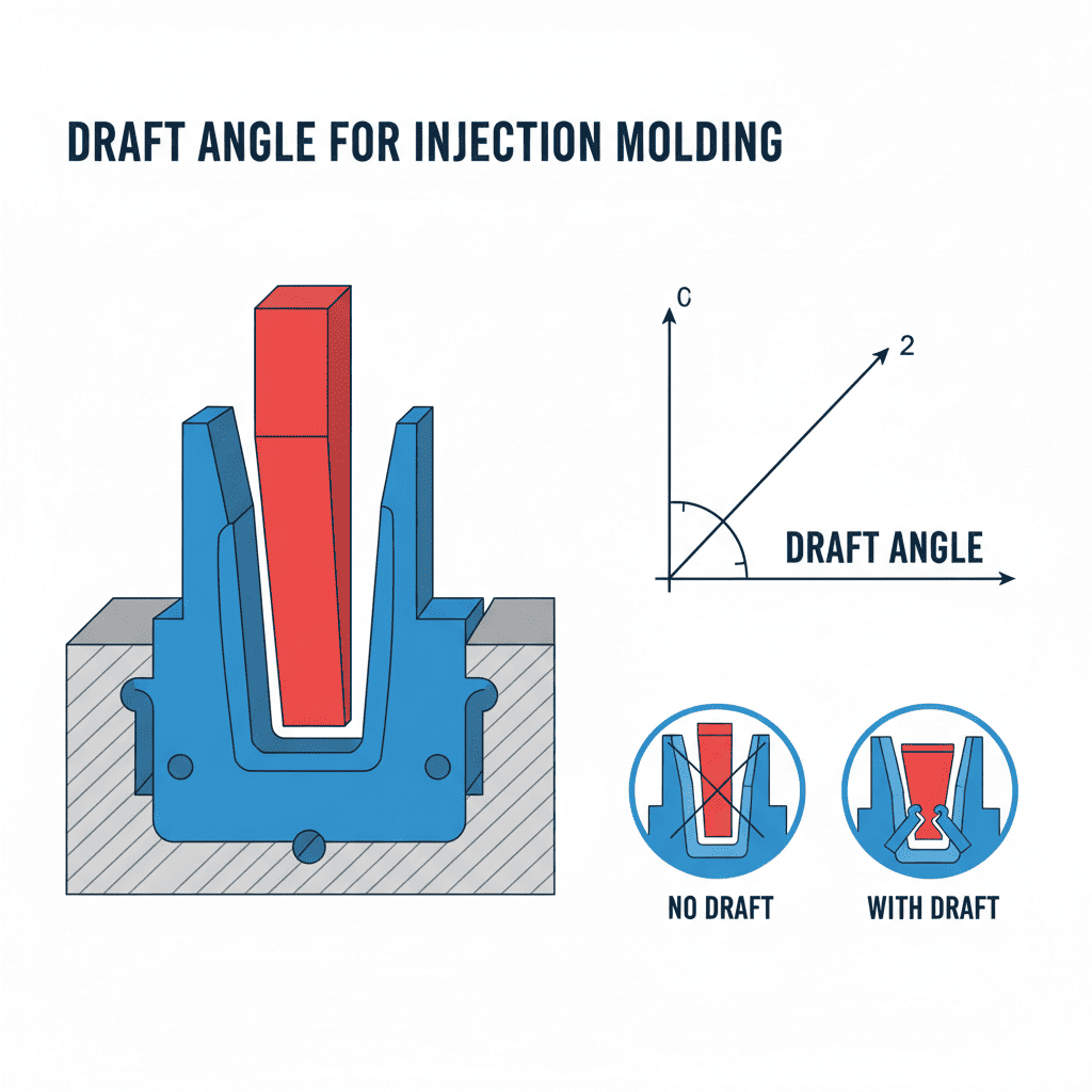 A diagram showing the draft angle on a plastic part inside a mold