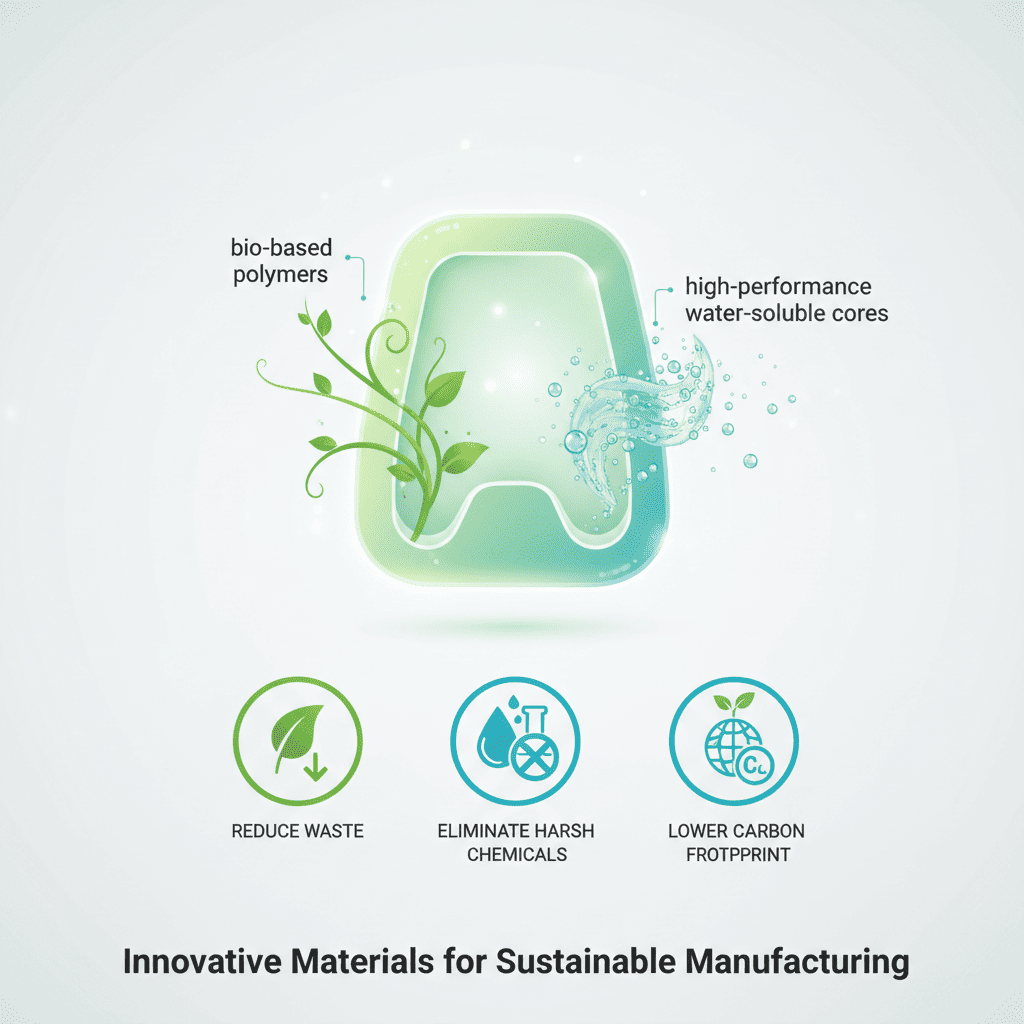 A complex plastic part being cleaned as the water-soluble core inside dissolves away cleanly