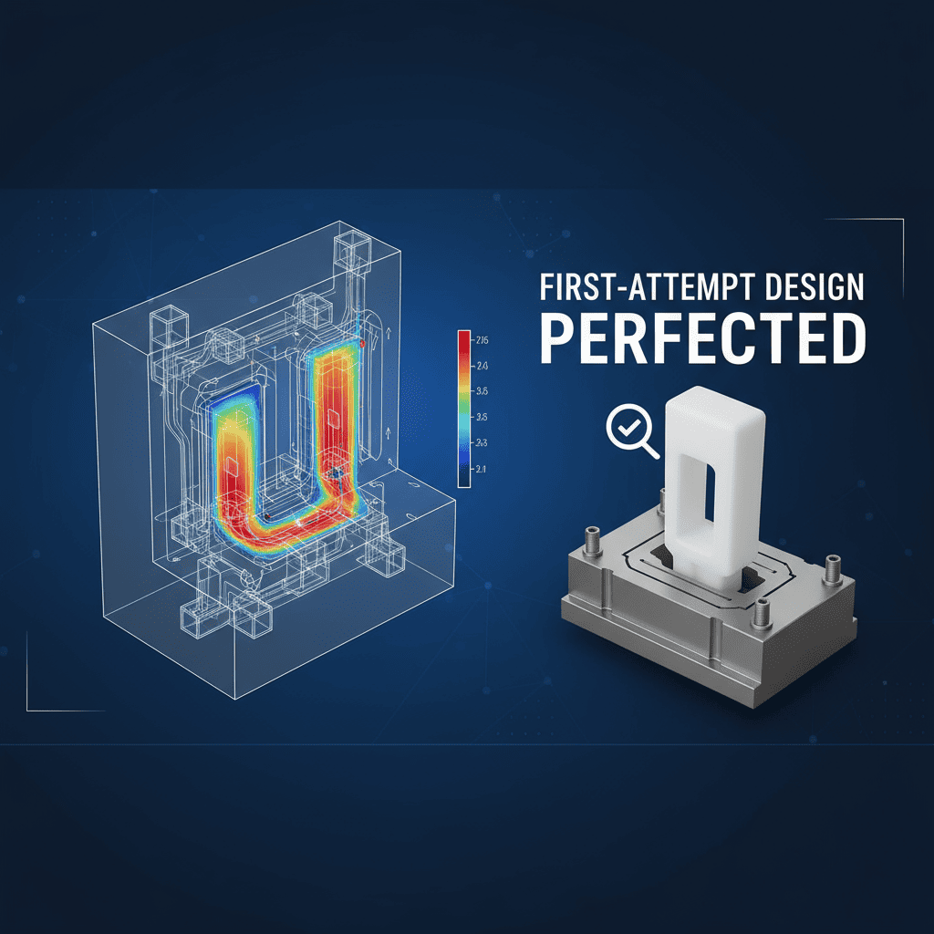 An engineer pointing at a 3D mold design on a computer, collaborating with a colleague