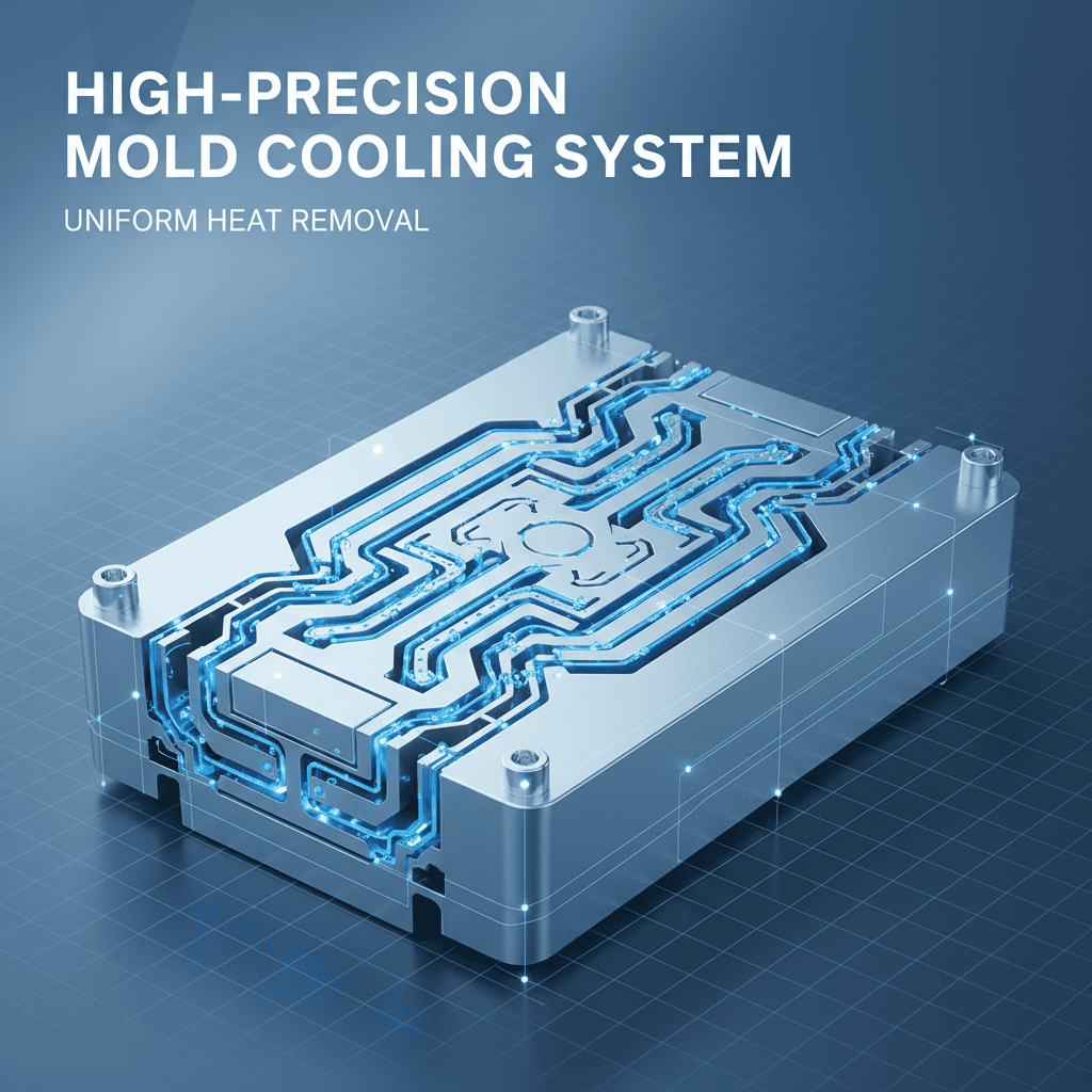 A high-precision injection mold with cooling channels visible