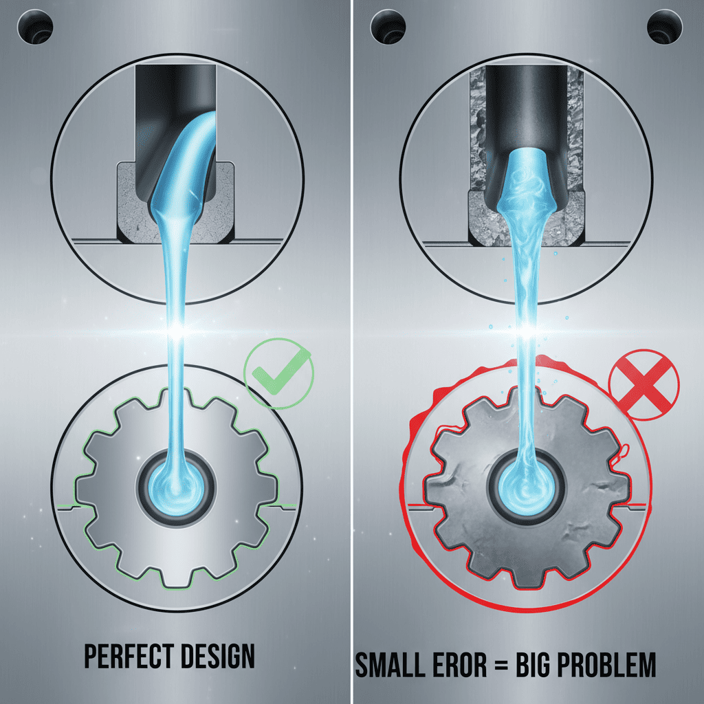 An engineer inspecting a mold plate, focusing on the polished runner channels.