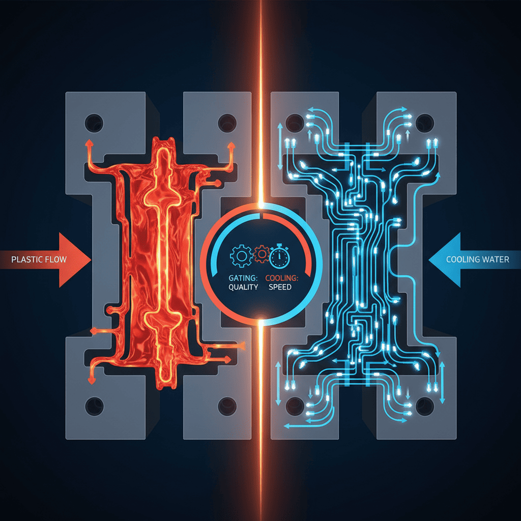 A cutaway view of a mold showing integrated conformal cooling channels following the part's shape and a multi-point gate system