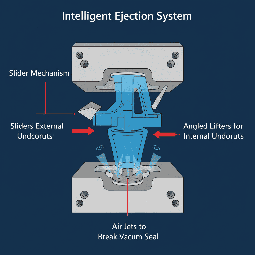 An injection mold open with a complex part being gently ejected by a system of lifters and pins
