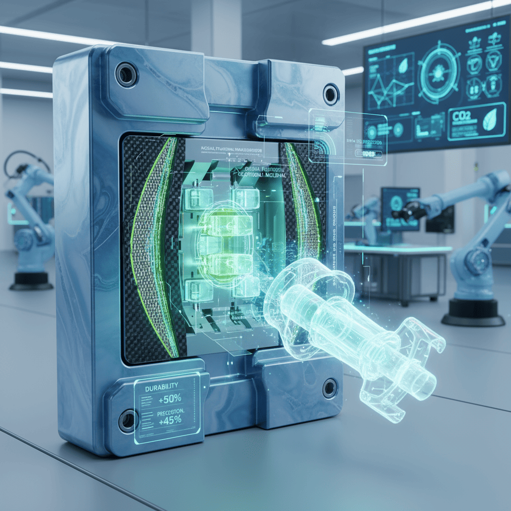 A close-up view of a high-tech injection mold core with a shiny, advanced material finish