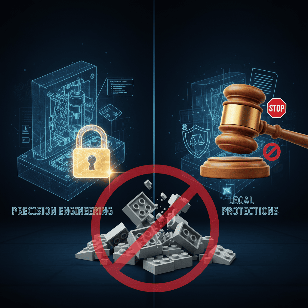 A gavel and a pile of counterfeit plastic toy bricks.