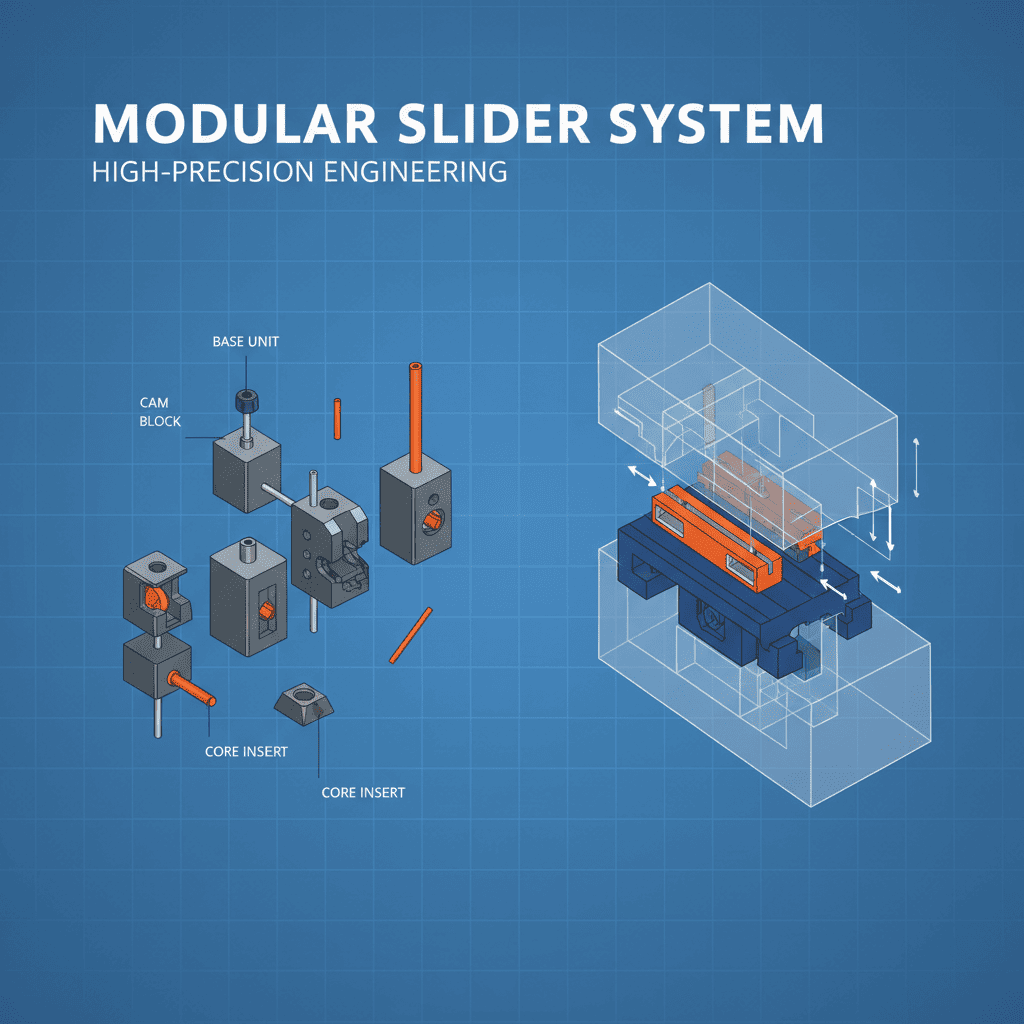 A modular slider system with a standard base and several interchangeable core-pulling inserts