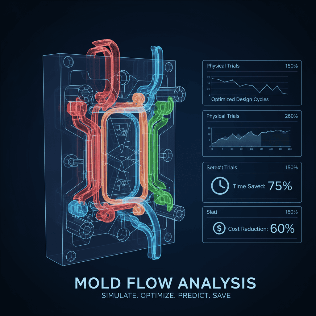 A computer screen showing a colorful mold flow analysis simulation of a plastic part