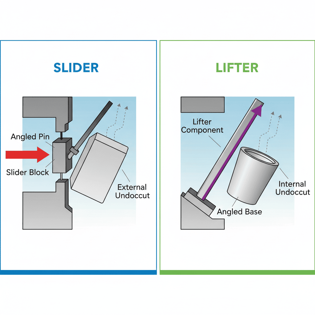 Internal mechanics of an injection mold with sliders and lifters