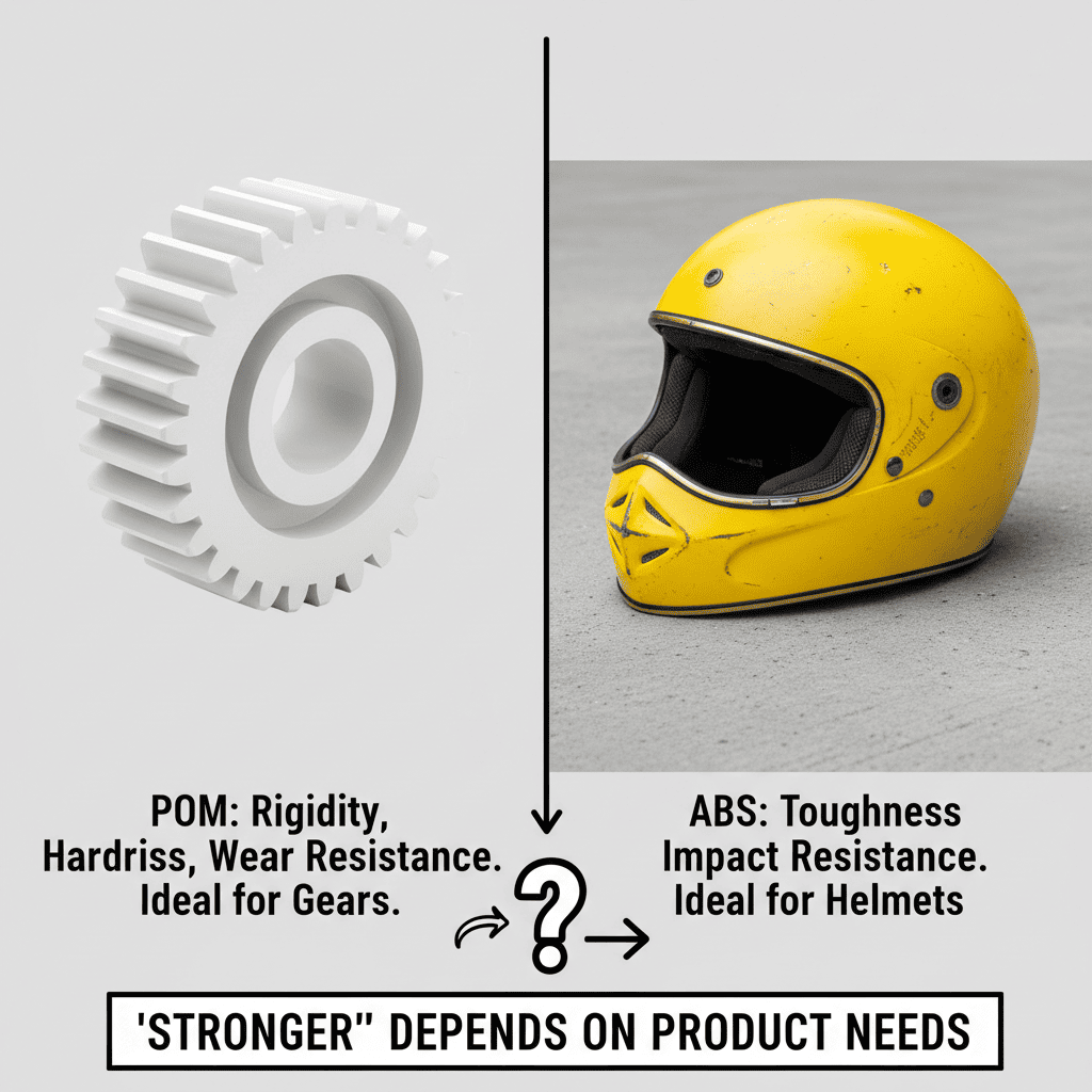 A side-by-side comparison of a white POM gear and a black ABS plastic component