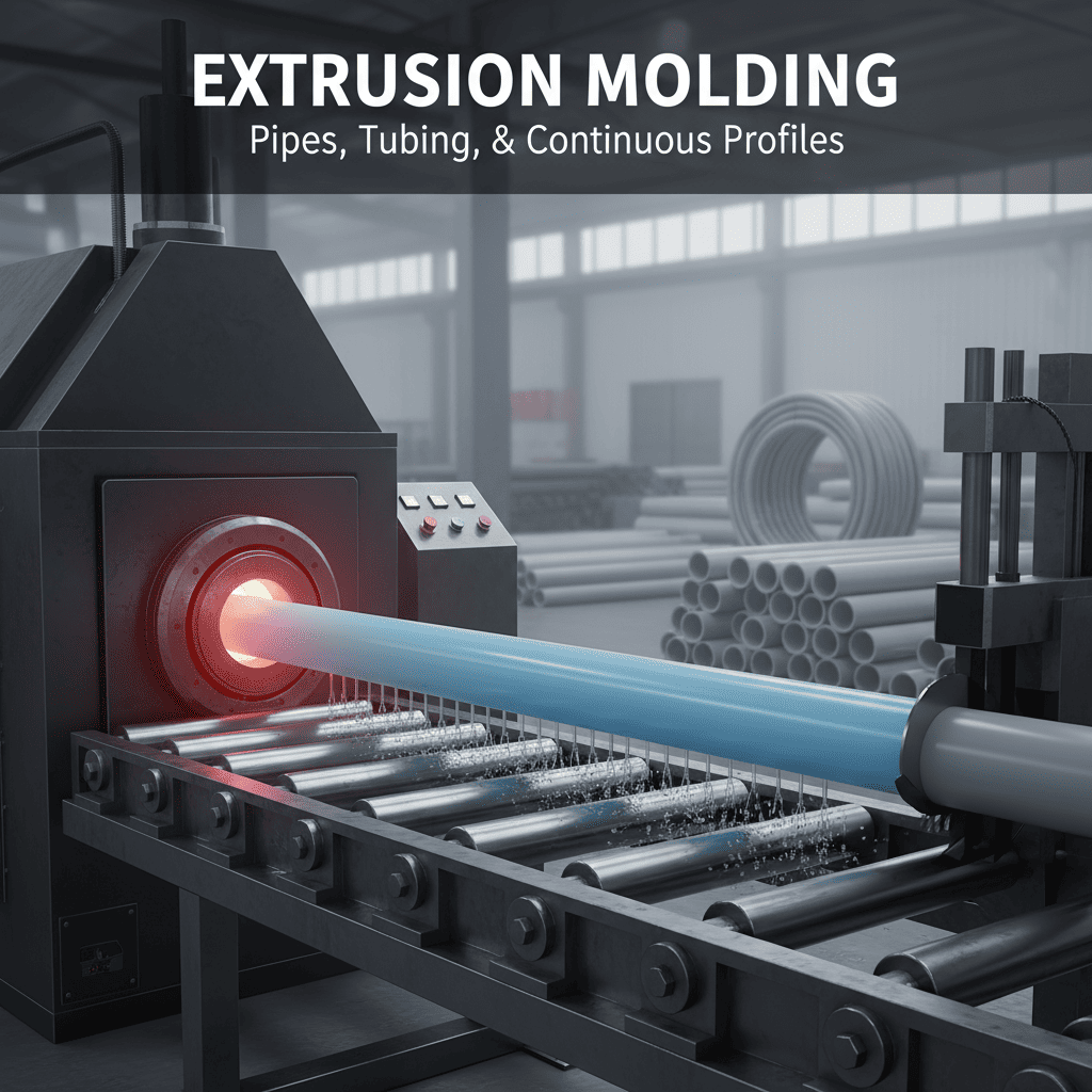 Long plastic pipes coming out of an extrusion machine