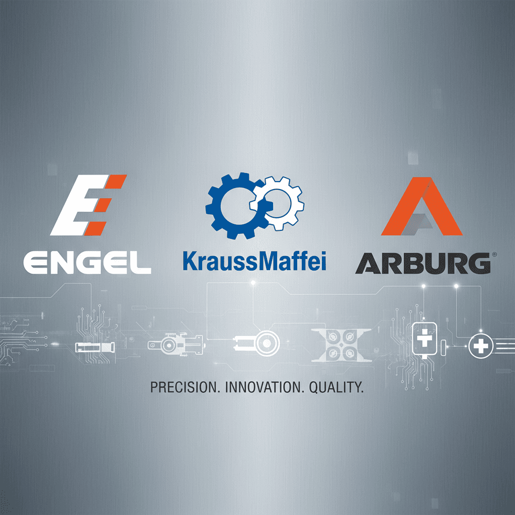 A close-up of a complex mold inside a German-made injection molding machine