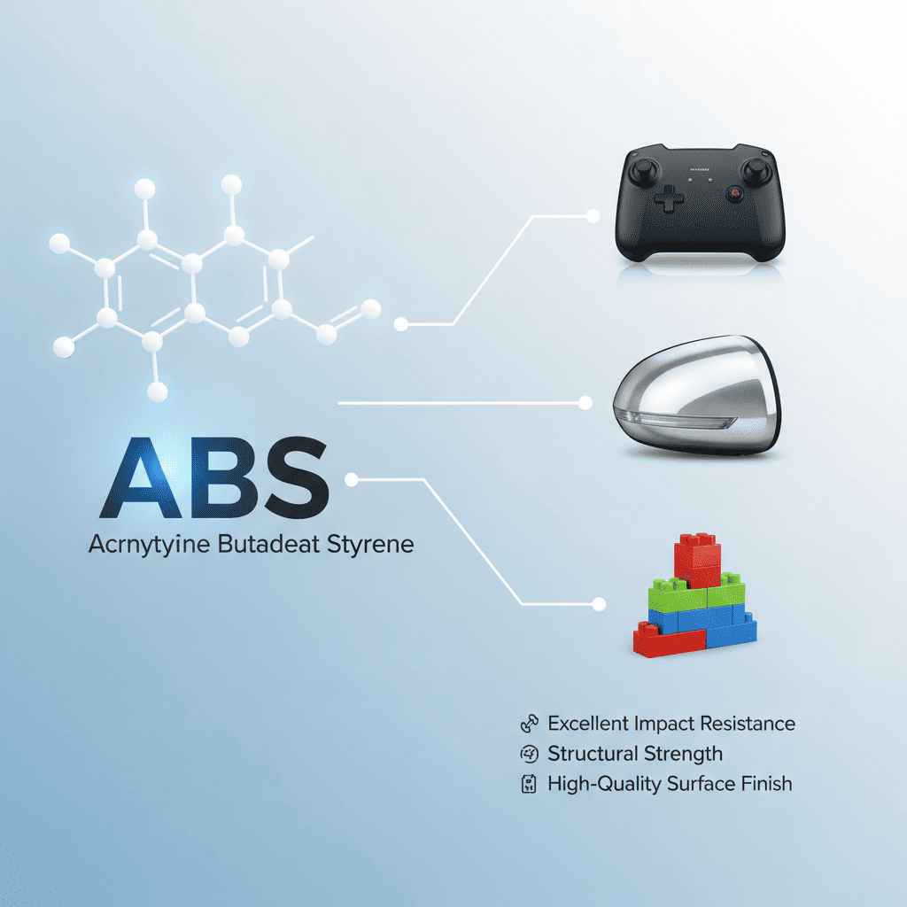A close-up of glossy injection molded ABS plastic parts in various colors.