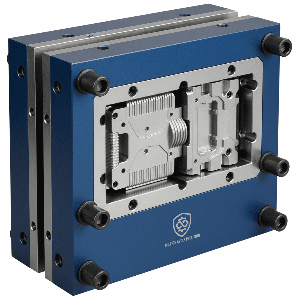 A detailed view of a mold with different steel inserts for wear-prone areas and a robust support structure