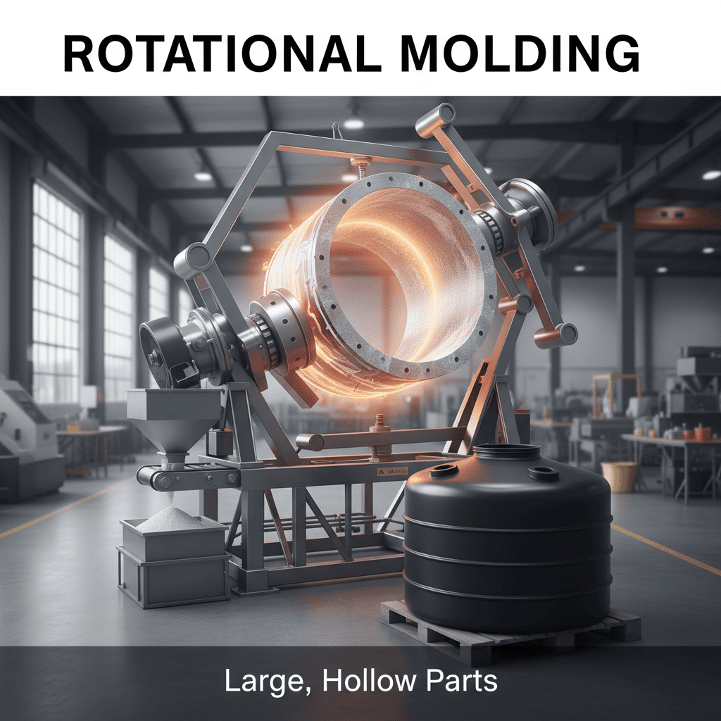 A large plastic tank being removed from a rotational mold