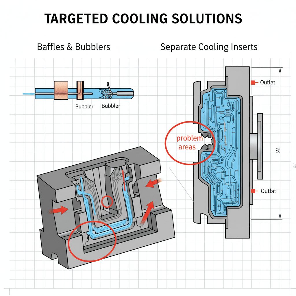 Close-up of a mold insert with internal cooling channels and bubblers
