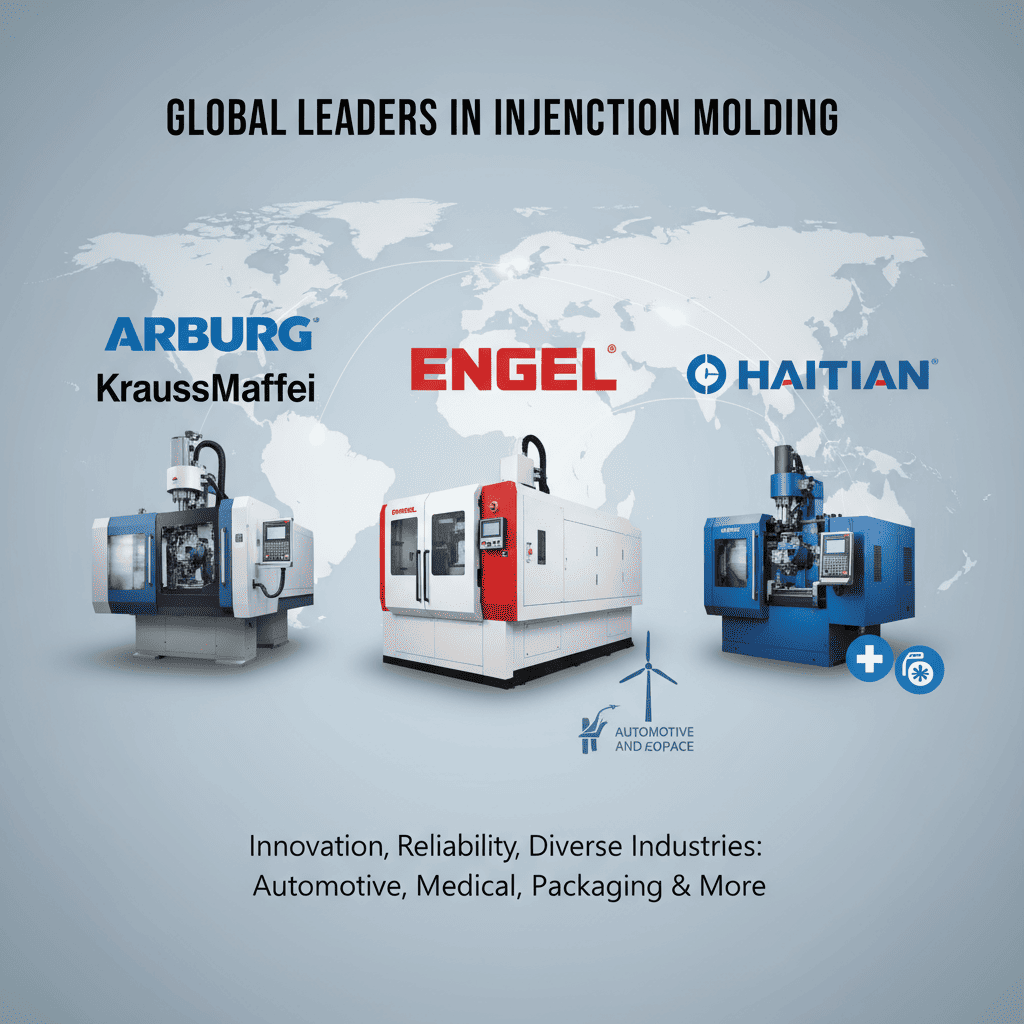 A row of high-tech injection molding machines in a clean factory setting