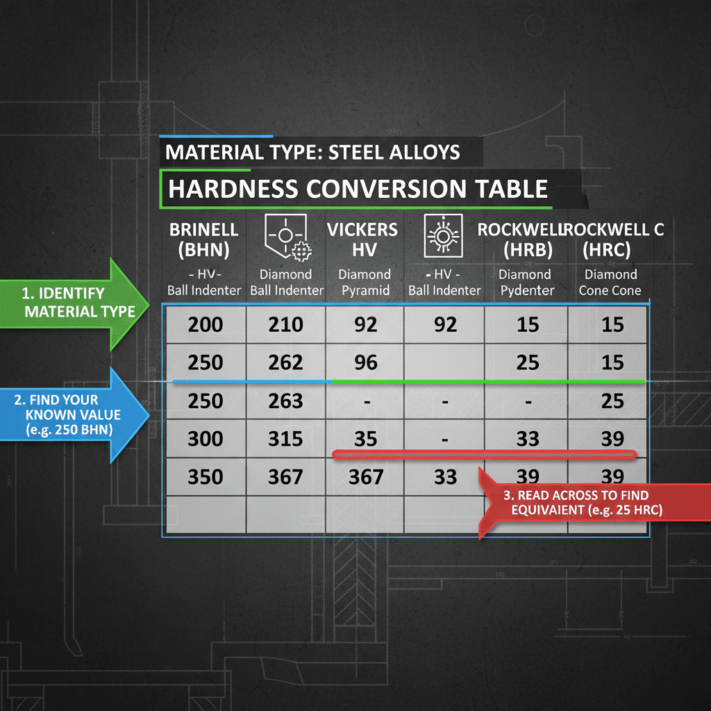 A detailed hardness conversion table for different types of steel