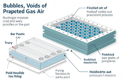 A clear plastic part with visible air bubbles or voids trapped inside
