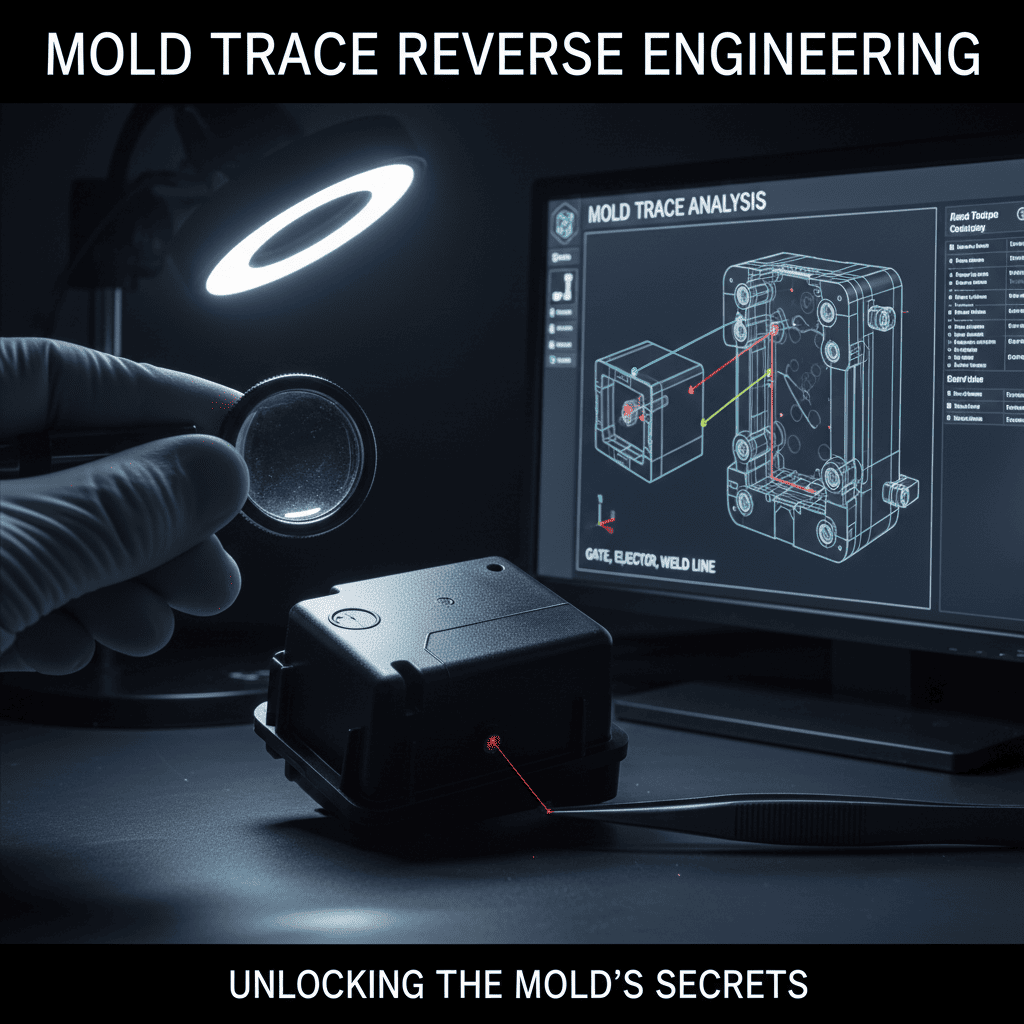 A close-up photo of an injection molded part showing gate marks and ejector pin marks