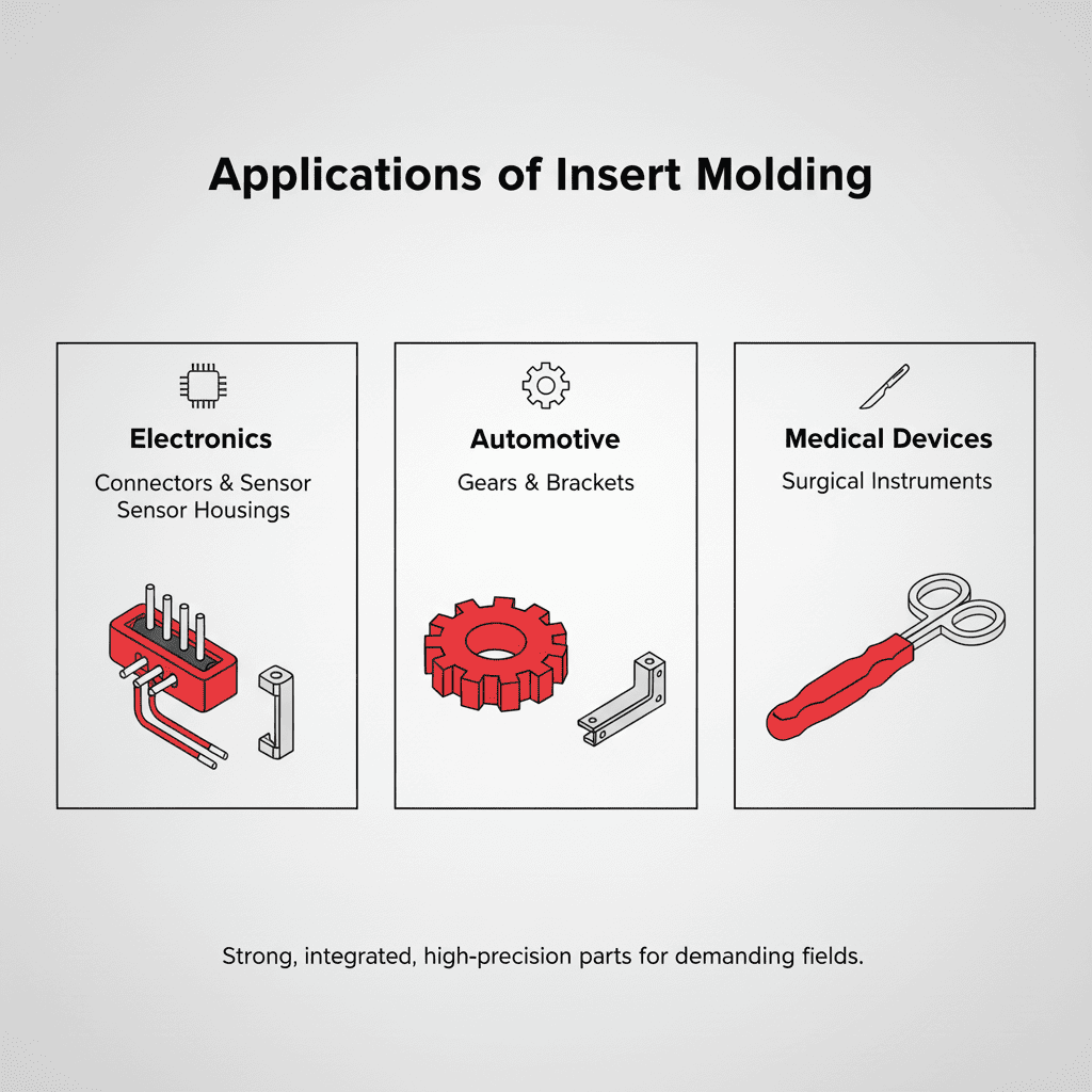 A collection of insert molded parts from different industries like automotive and electronics.