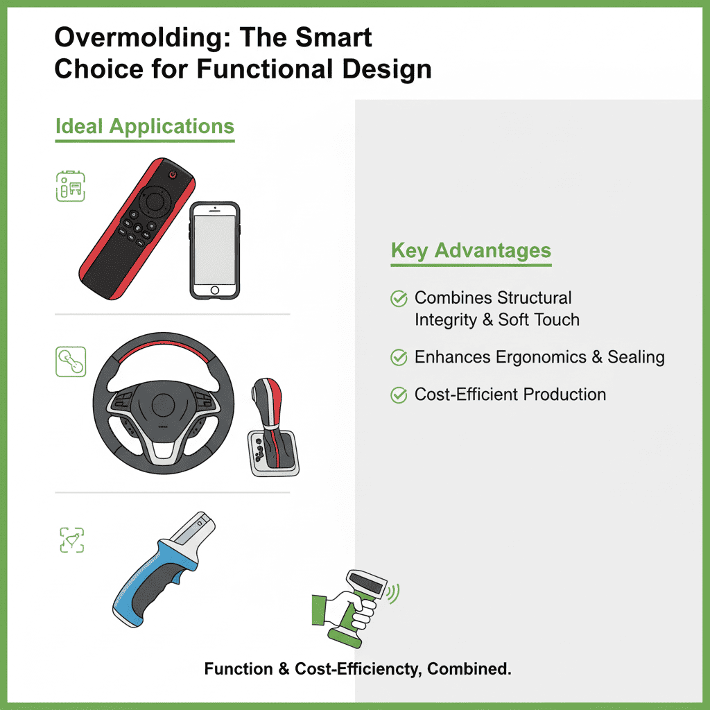 A collage of products made with overmolding: a toothbrush with a rubber grip, a power drill handle, and a car dashboard component.