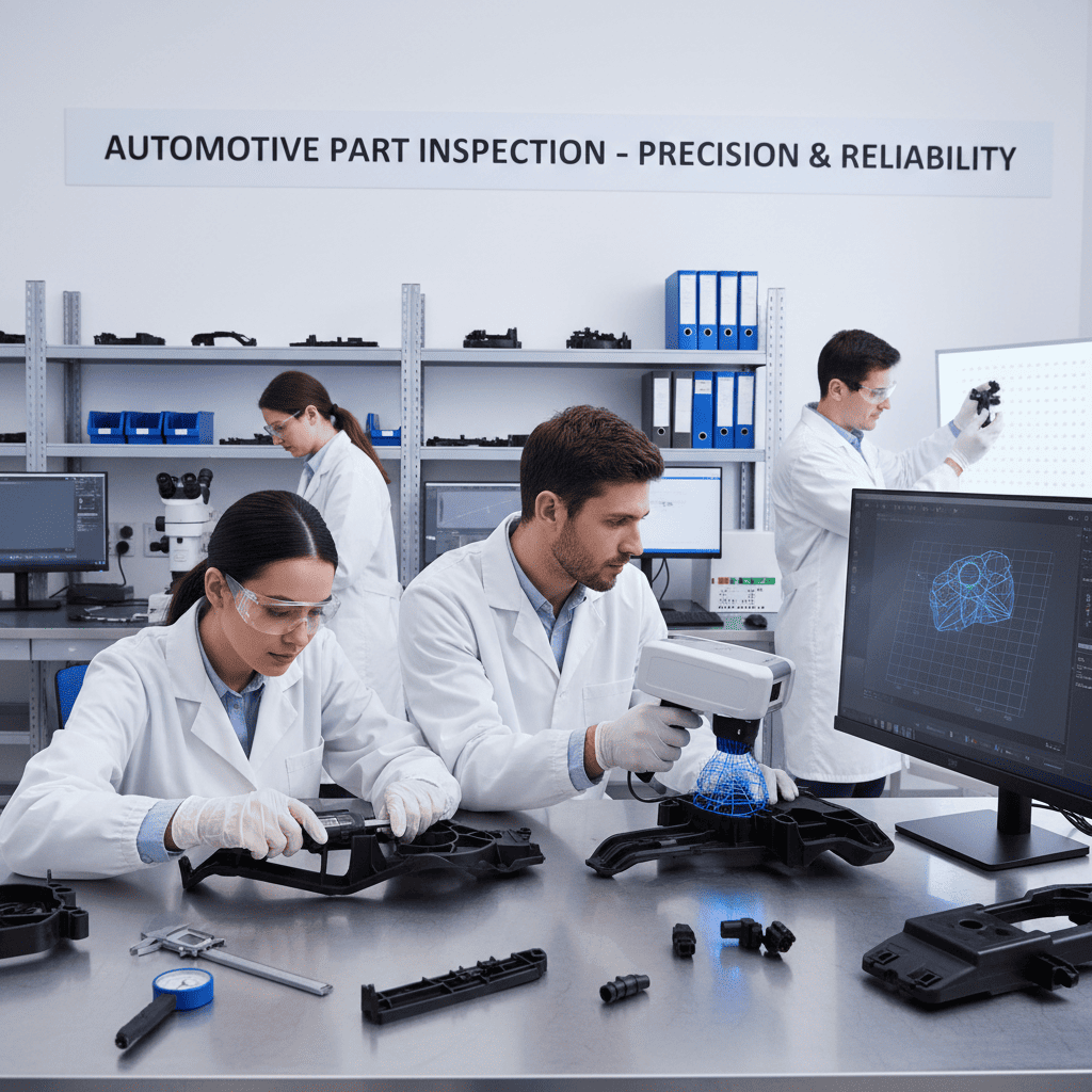 A quality inspector using calipers and vision systems to measure an automotive part.