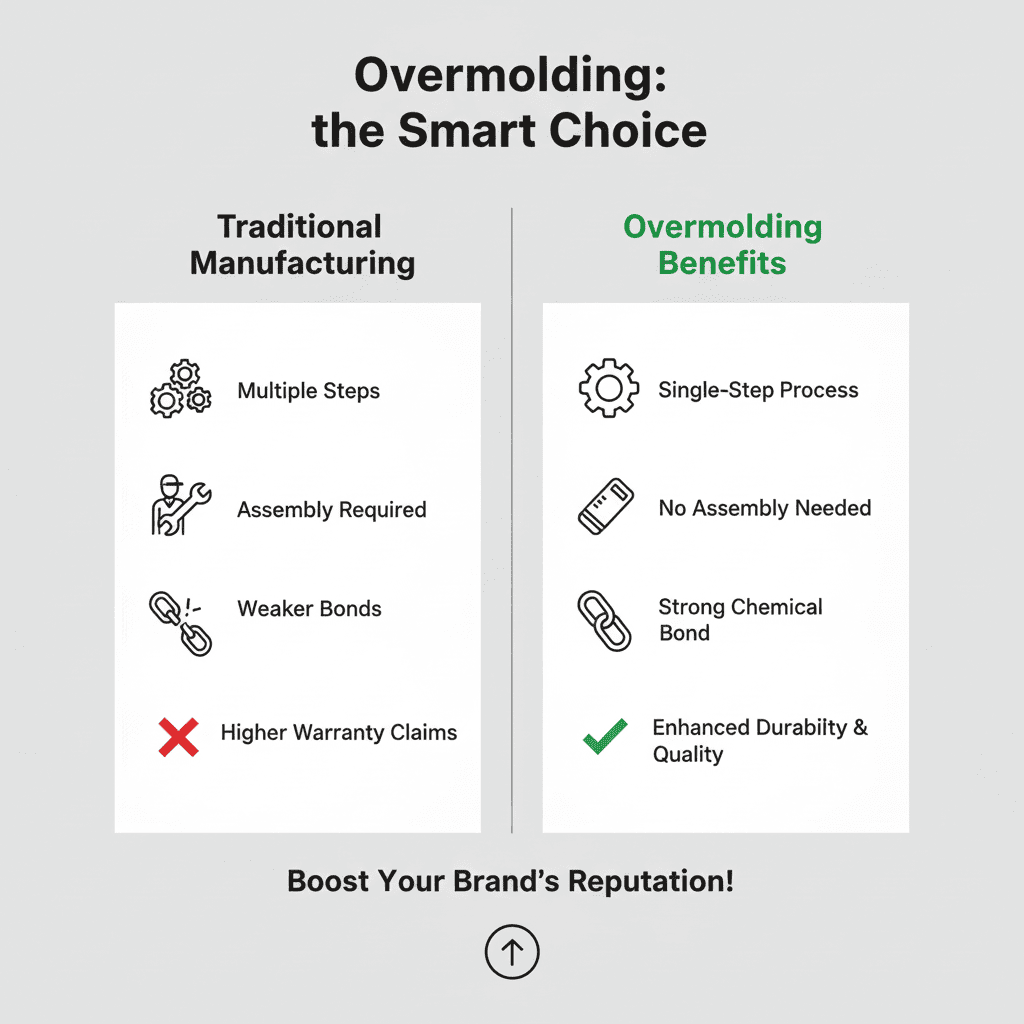 An image comparing a two-piece assembled part with a single overmolded part, highlighting the clean, integrated design of the overmolded version.