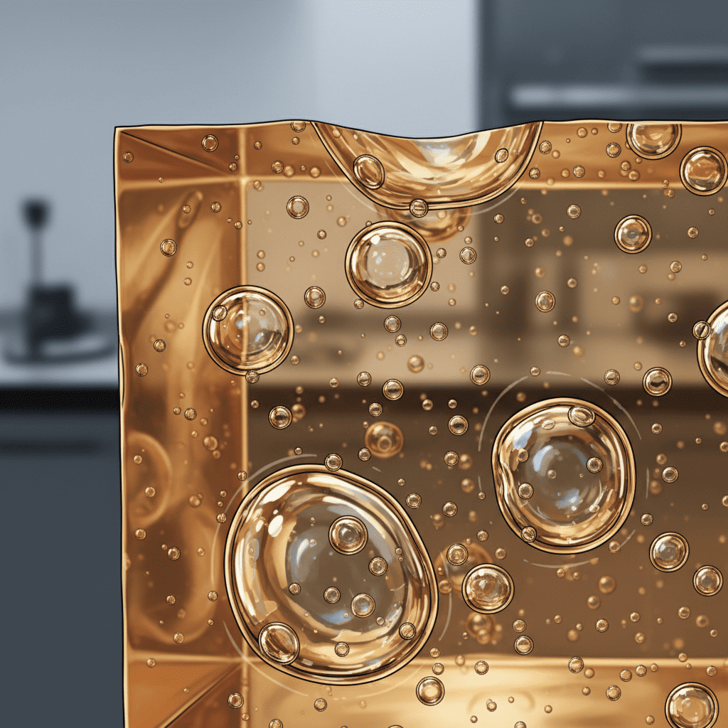 A cross-section of a thick plastic part showing internal bubbles or voids.