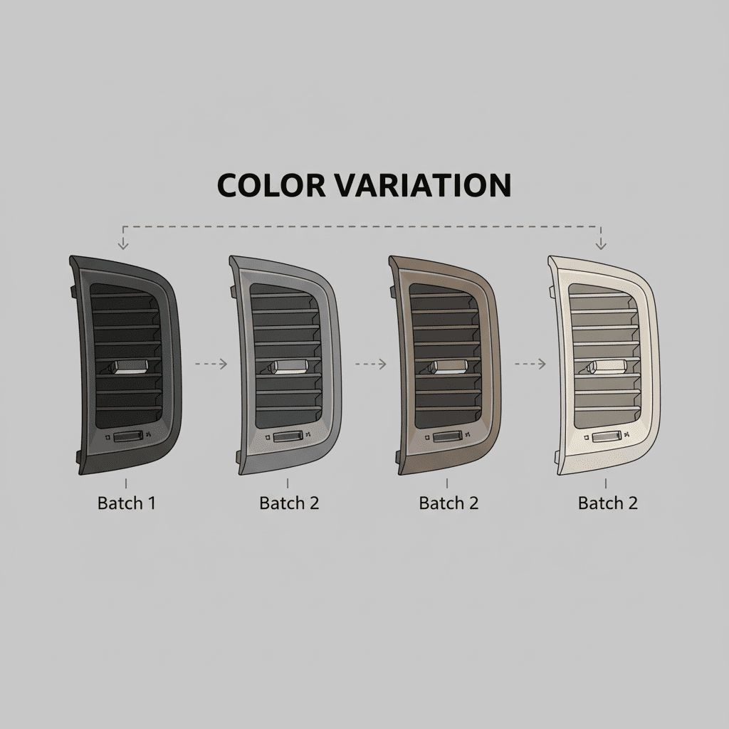 An image showing several plastic parts of the same intended color, but with slight variations in shade.