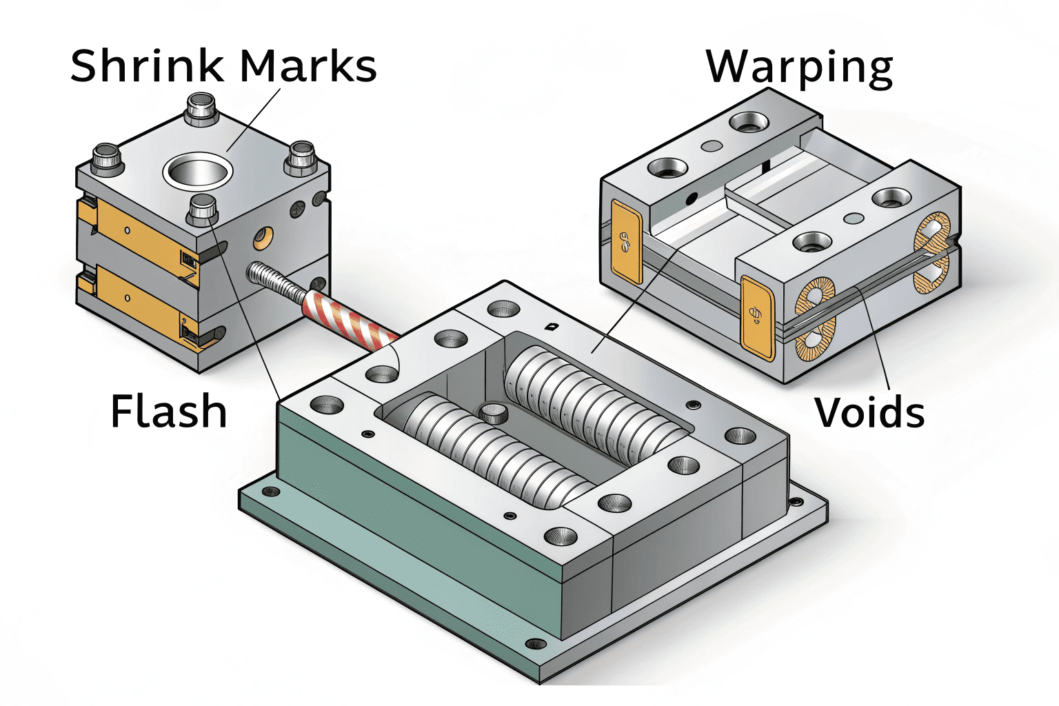 A collection of common injection molding defects like sink marks and warping.