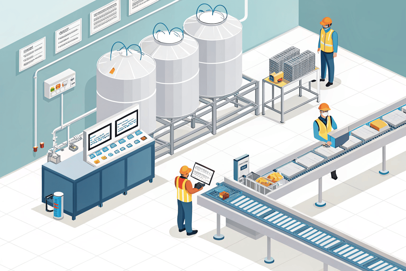 A quality control inspector measuring a PVC part with digital calipers in a clean factory environment.