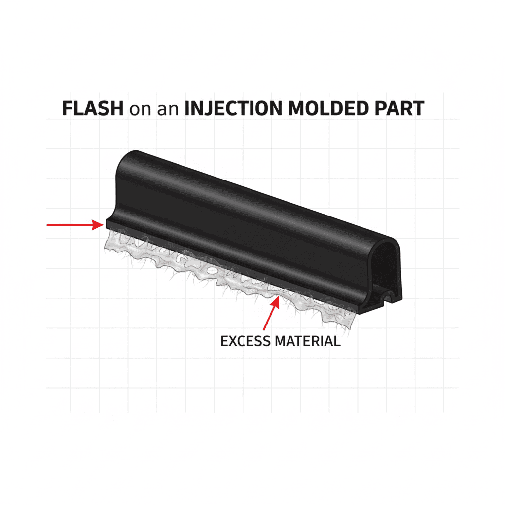 An image showing flash on the edge of an injection molded part, near the parting line.