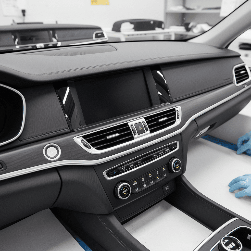 A close-up shot of a perfect automotive interior dashboard, highlighting its flawless texture.